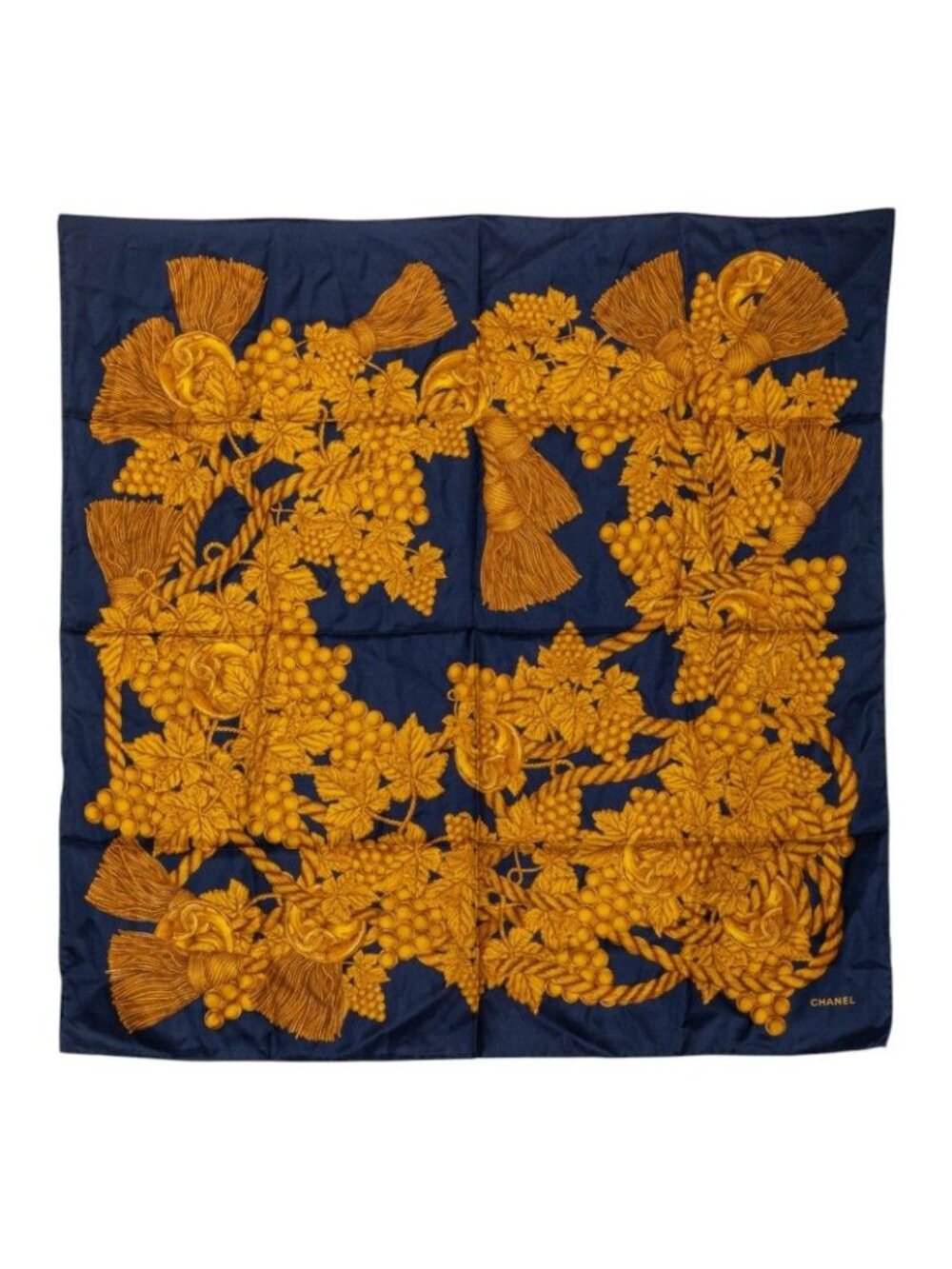 Chanel Grape Scarf Navy Yellow Silk